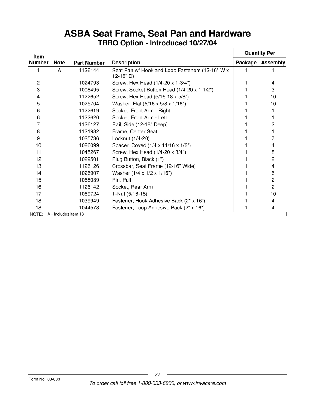 Invacare M71 Jr manual Quantity Per Number Part Number Description Package Assembly 