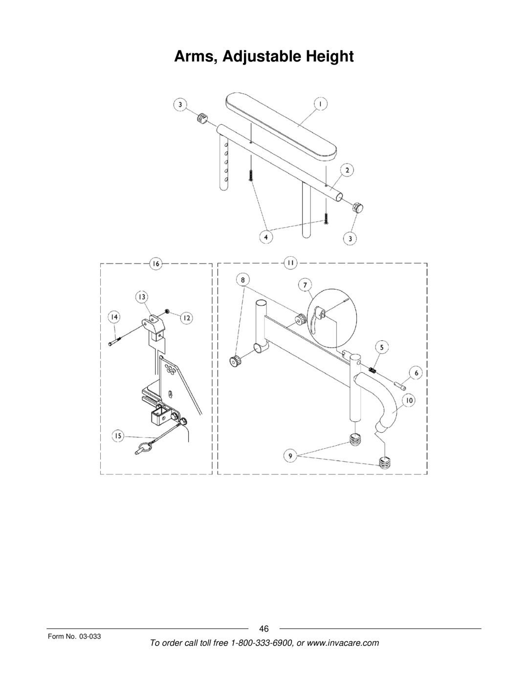 Invacare M71 Jr manual Arms, Adjustable Height 