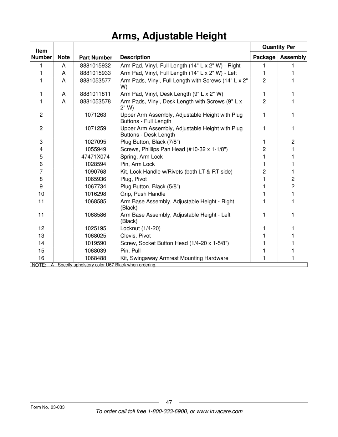 Invacare M71 Jr manual Upholstery color U67 Black when ordering Form No 