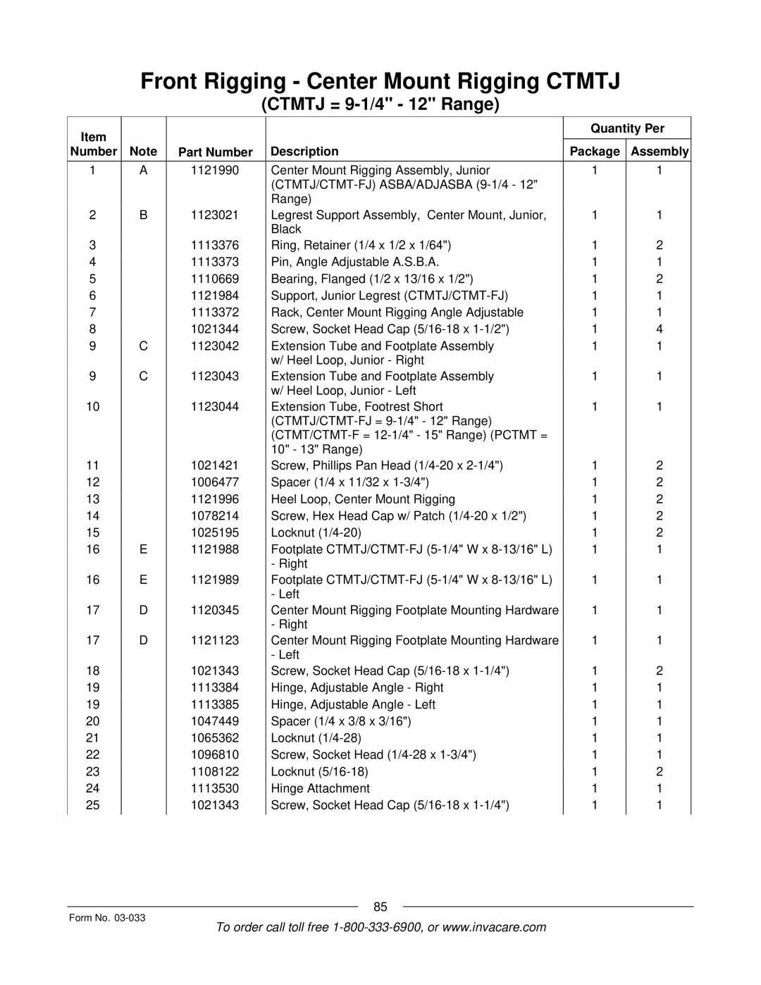 Invacare M71 Jr manual CTMTJ/CTMT-FJ ASBA/ADJASBA 9-1/4 