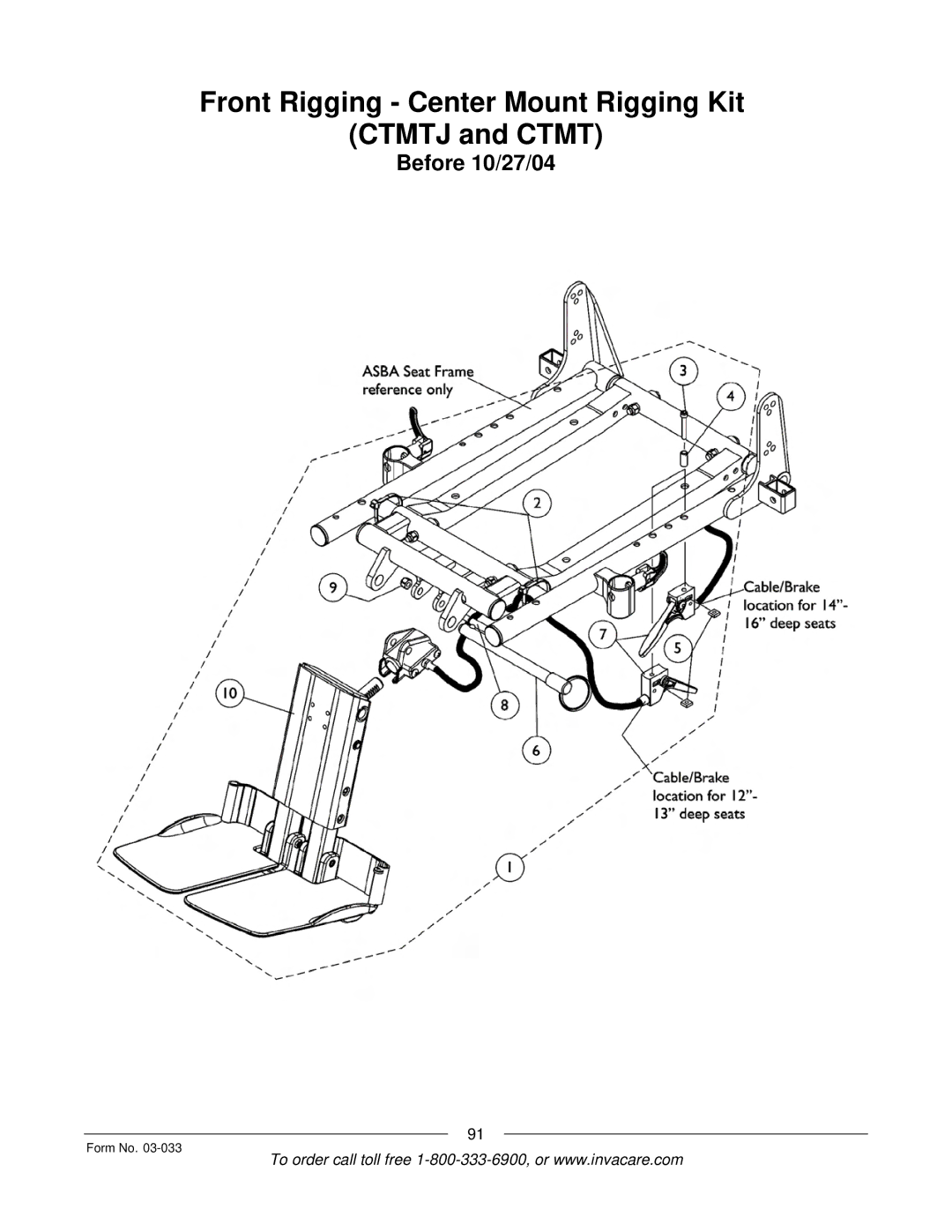 Invacare M71 Jr manual Front Rigging Center Mount Rigging Kit Ctmtj and Ctmt 