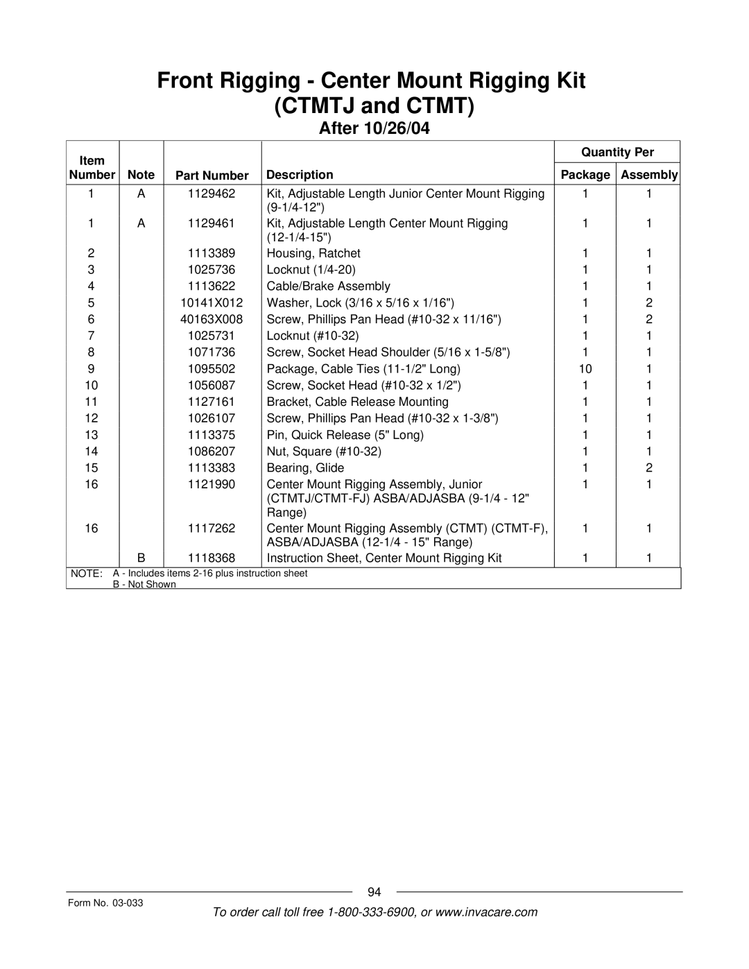 Invacare M71 Jr manual Items 2-16 plus instruction sheet Not Shown Form No 