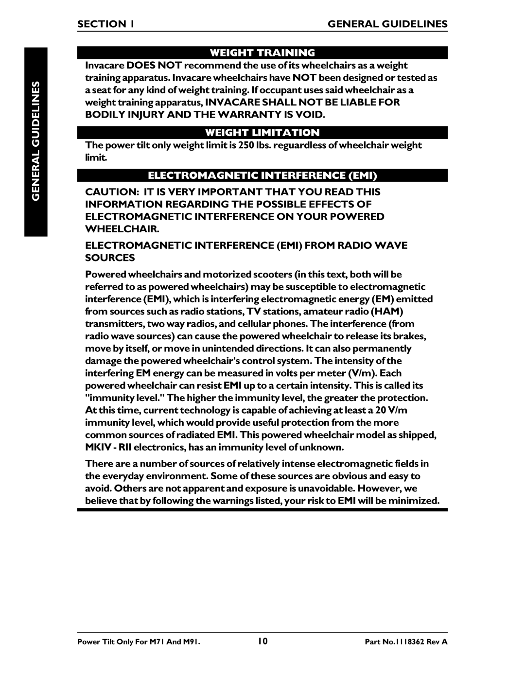 Invacare M71 manual Weight Training, Weight Limitation, Electromagnetic Interference EMI 