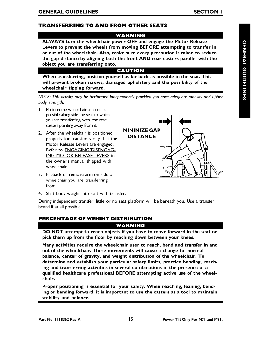 Invacare M71 manual Minimize GAP Distance, Percentage of Weight Distribution 