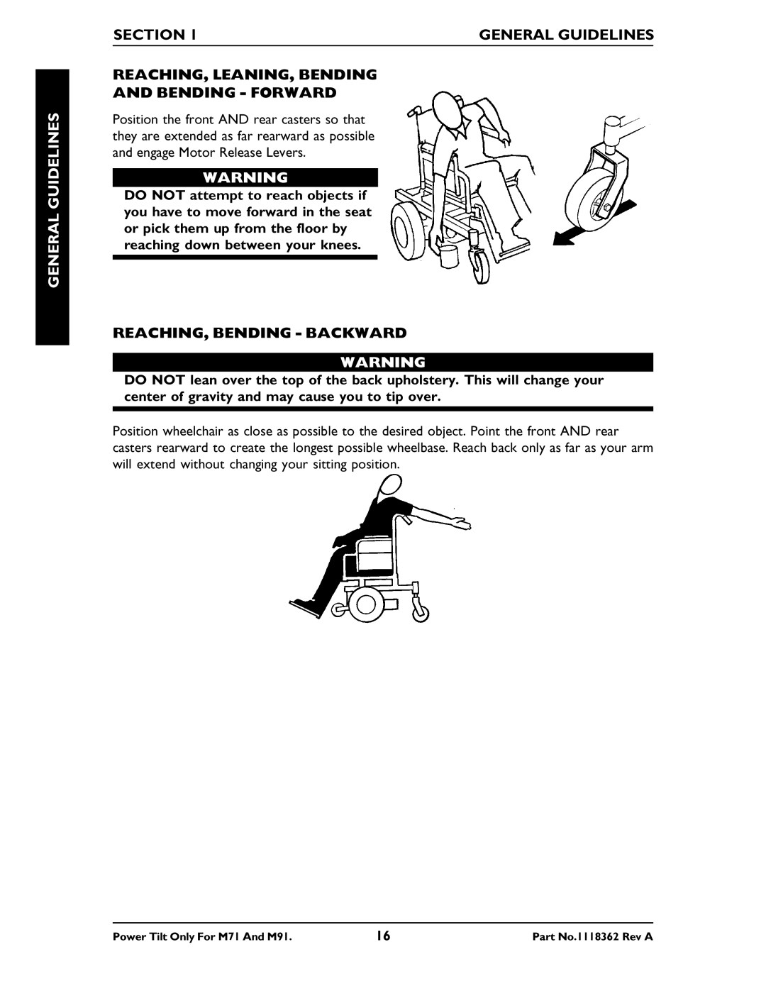 Invacare M71 manual REACHING, Bending Backward 