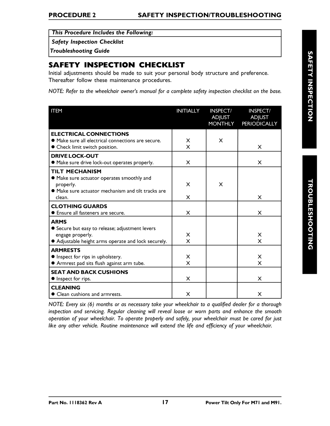 Invacare M71 Safety Inspection Checklist, Procedure Safety INSPECTION/TROUBLESHOOTING, Safety Inspection Troubleshooting 