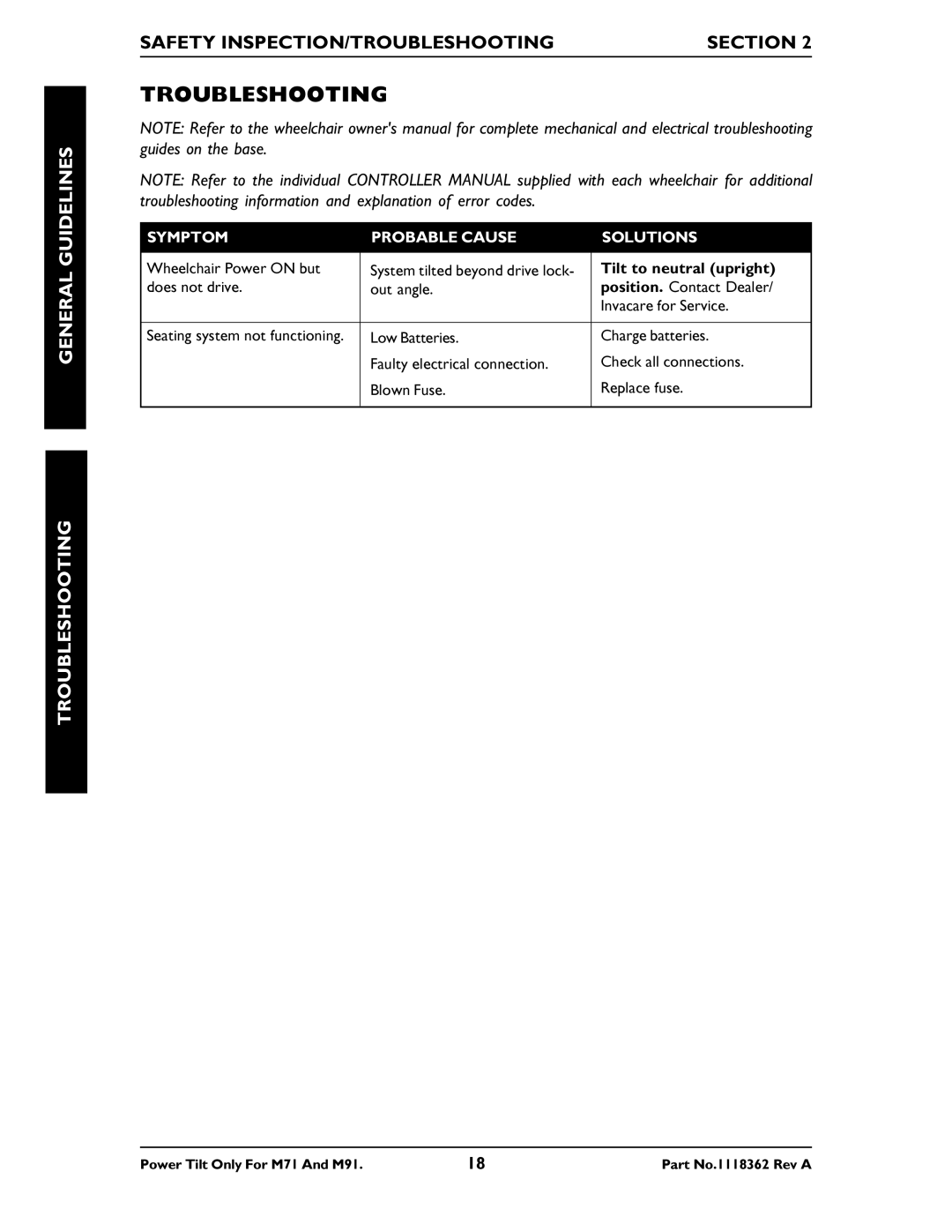 Invacare M71 manual General Guidelines Troubleshooting, Safety INSPECTION/TROUBLESHOOTING Section 