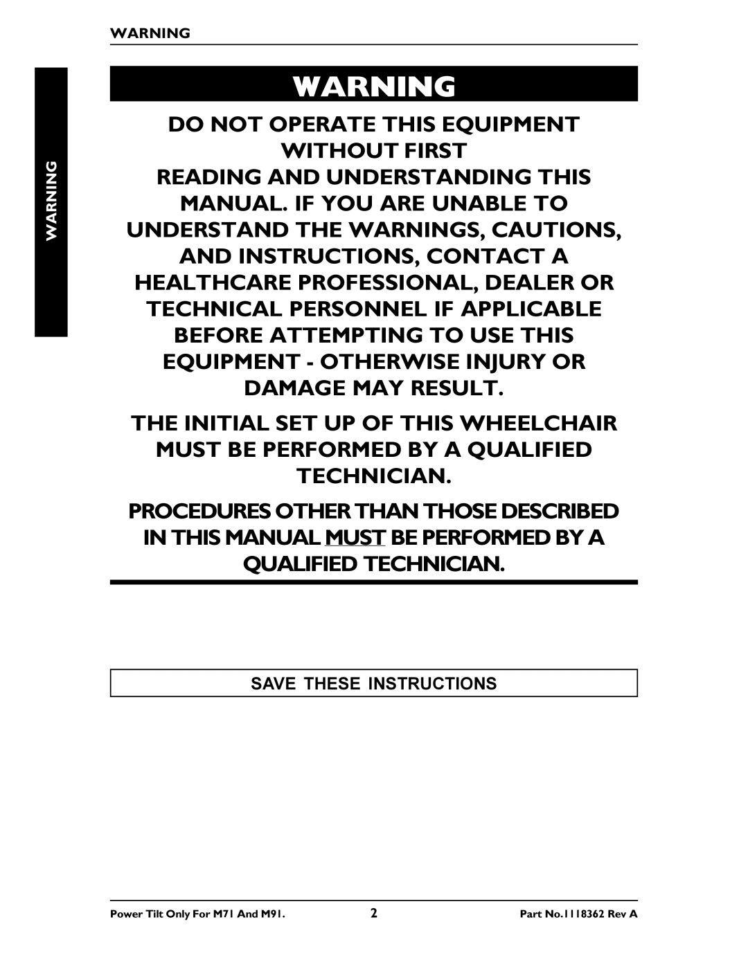 Invacare manual Power Tilt Only For M71 And M91 Part No.1118362 Rev a 