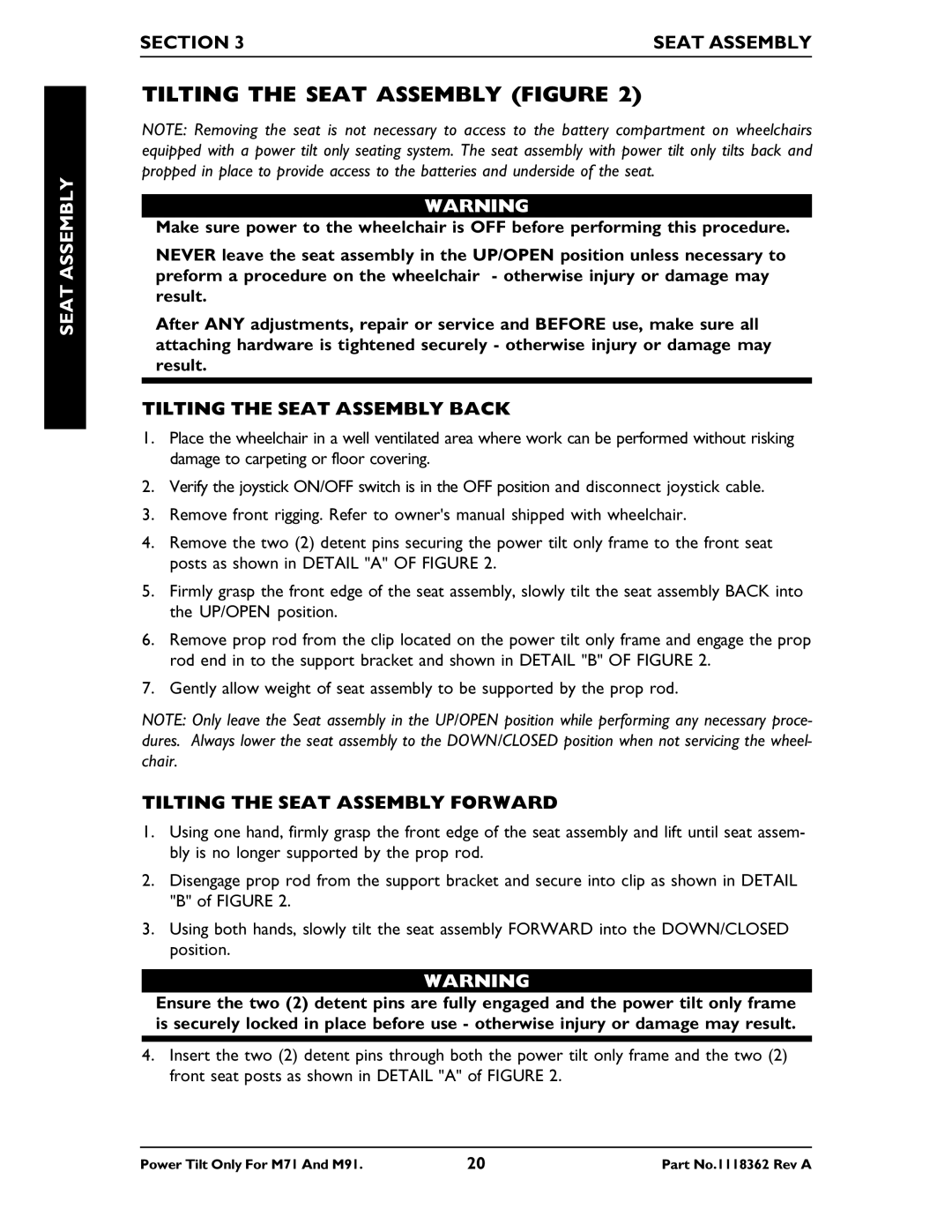 Invacare M71 manual Tilting the Seat Assembly Figure, Section Seat Assembly, Tilting the Seat Assembly Back 