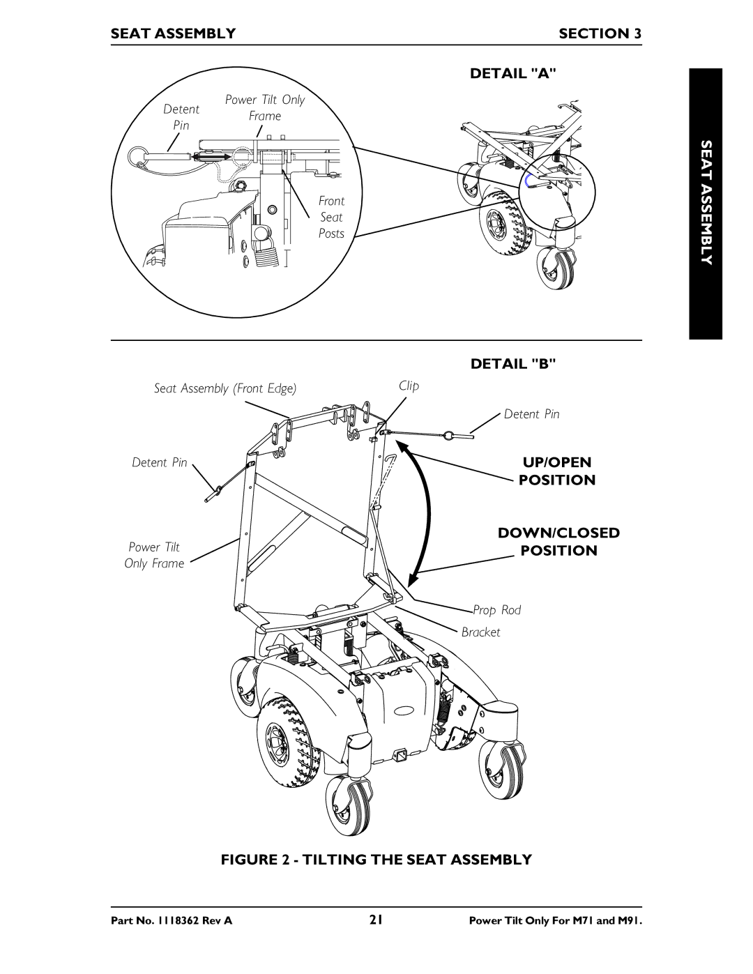 Invacare M71 manual Seat Assembly Section Detail a, Down/Closed 