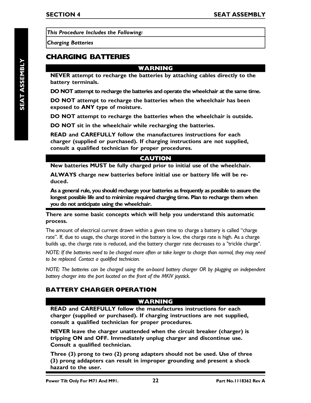 Invacare M71 manual Charging Batteries, Battery Charger Operation 