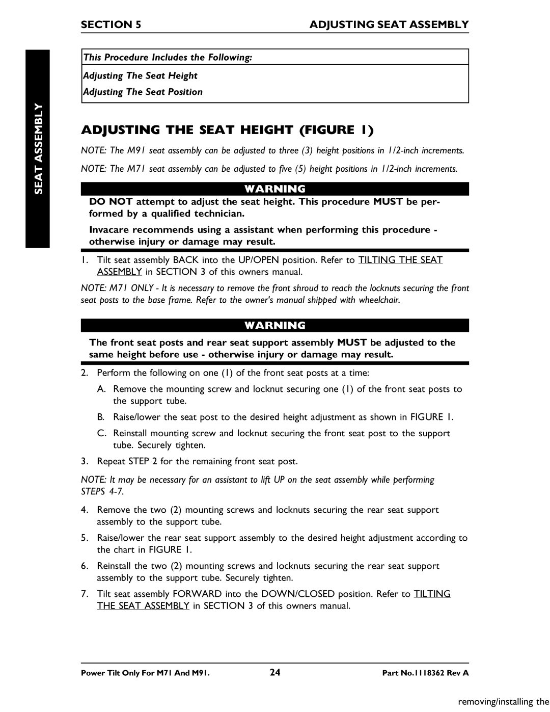 Invacare M71 manual Adjusting the Seat Height Figure, Section Adjusting Seat Assembly 