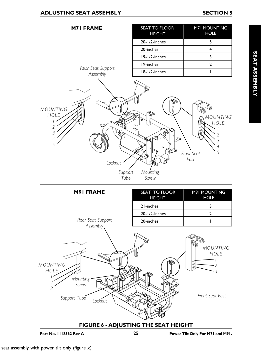 Invacare manual Adlusting Seat Assembly Section M71 Frame, M91 Frame 