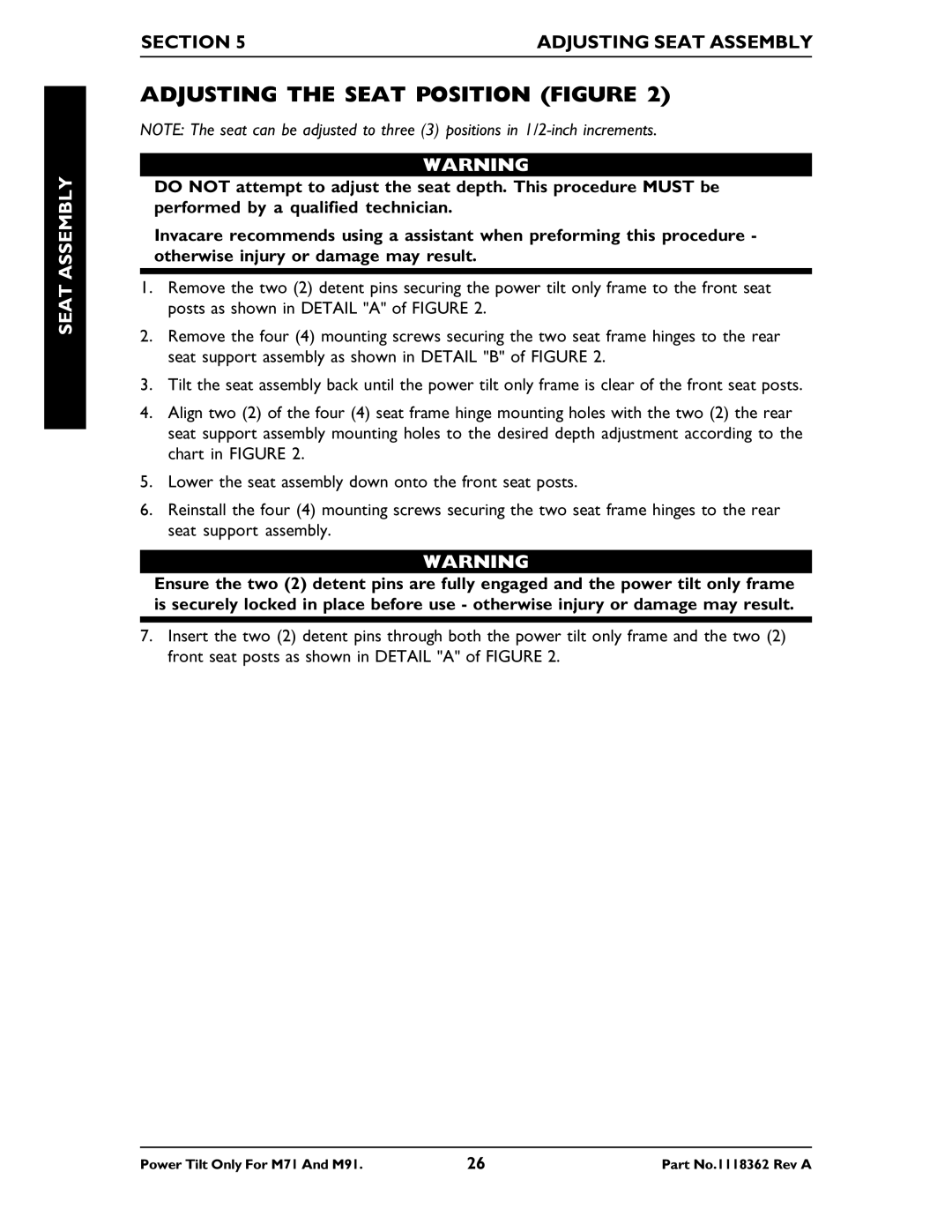 Invacare M71 manual Adjusting the Seat Position Figure 