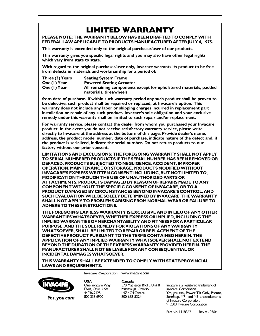 Invacare M71 manual Limited Warranty 