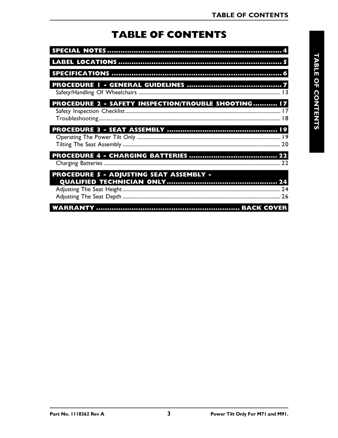 Invacare M71 manual Table of Contents 