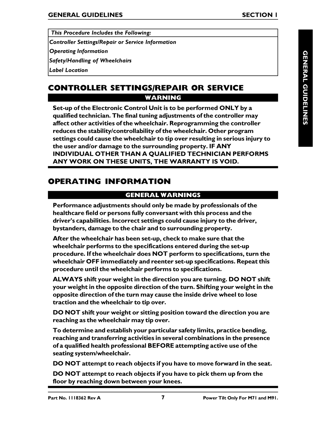 Invacare M71 manual General Guidelines Section, General Warnings 