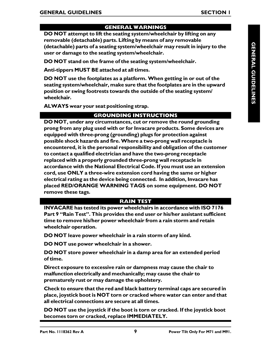 Invacare M71 manual Grounding Instructions, Rain Test 