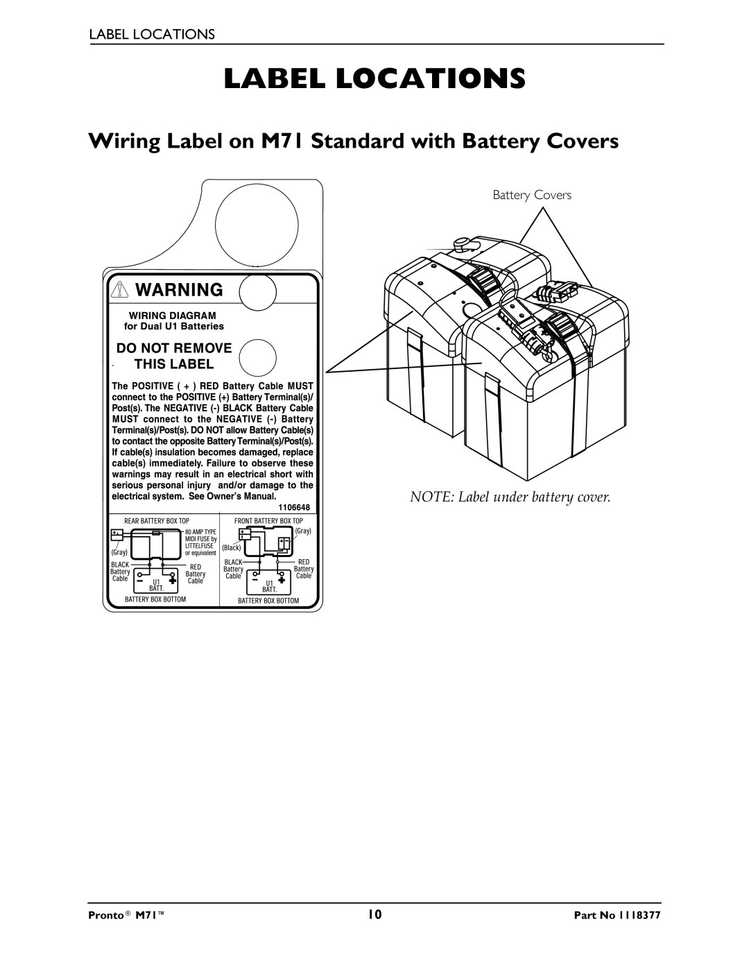 Invacare service manual Label Locations, Wiring Label on M71 Standard with Battery Covers 