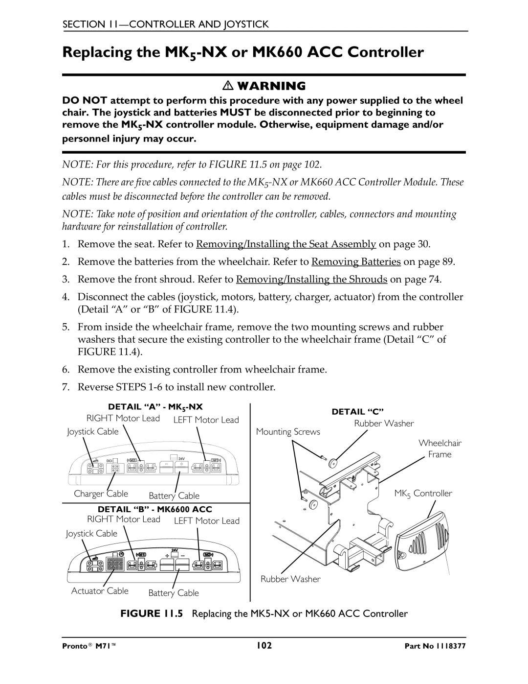 Invacare M71 service manual Replacing the MK5-NX or MK660 ACC Controller 