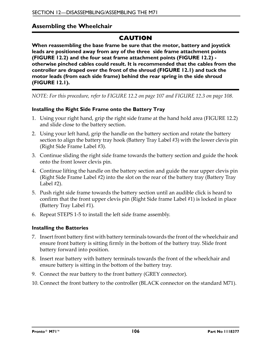 Invacare M71 service manual Assembling the Wheelchair 