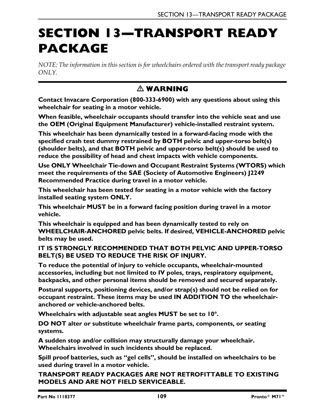 Invacare M71 service manual Transport Ready Package 