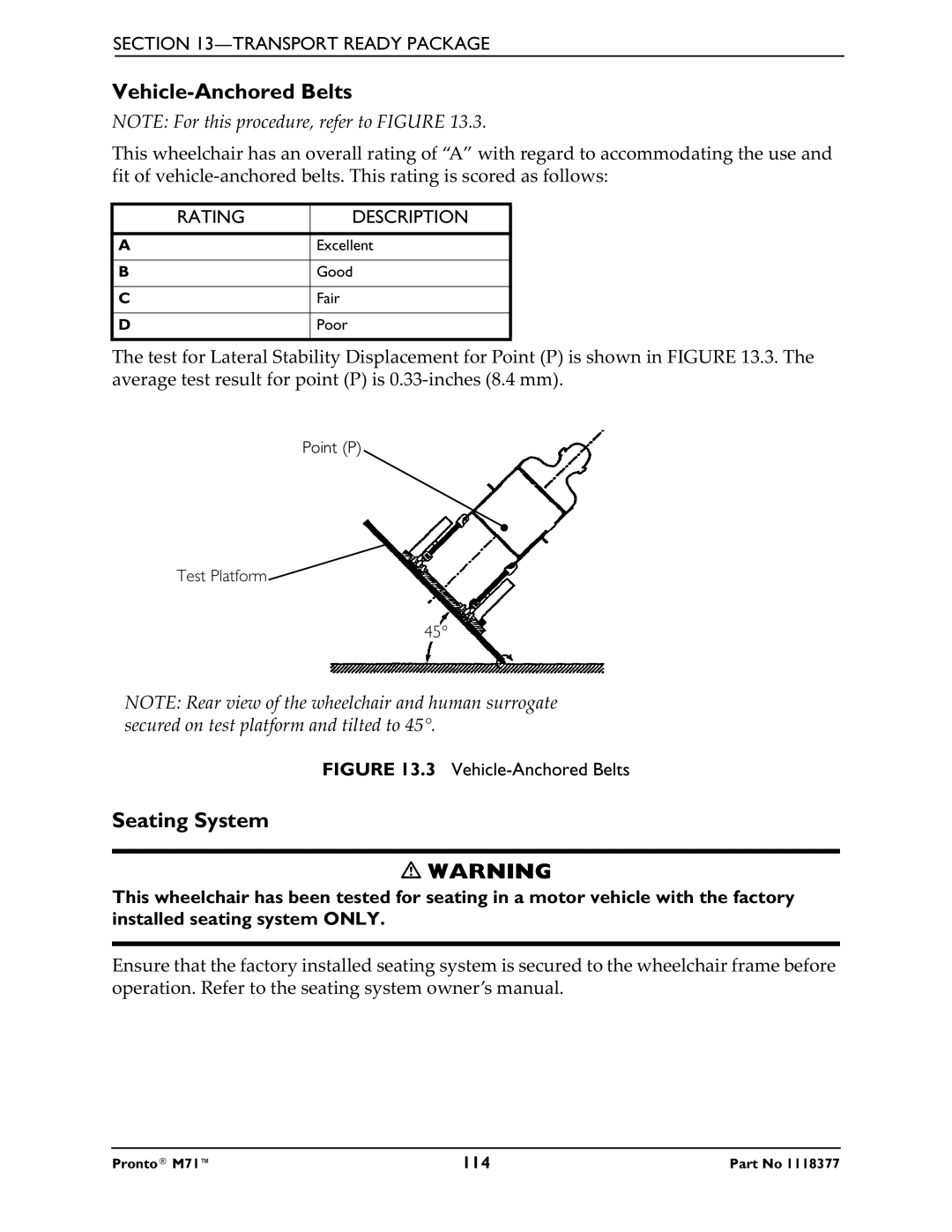 Invacare M71 service manual Vehicle-Anchored Belts, Seating System, Rating Description 