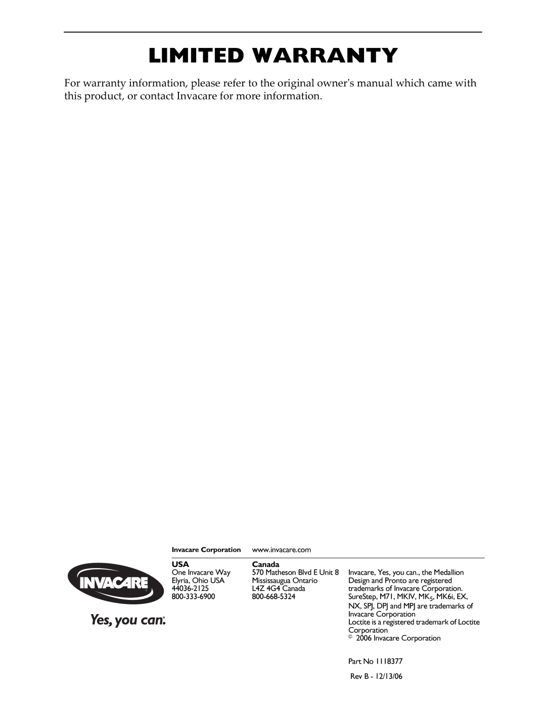 Invacare M71 service manual Limited Warranty, Usa 