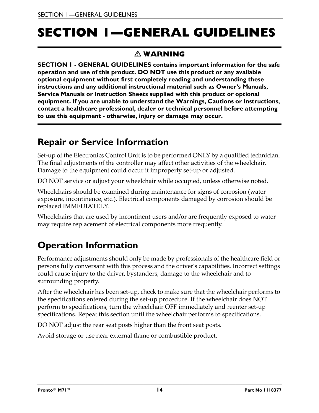 Invacare M71 service manual General Guidelines, Repair or Service Information, Operation Information 