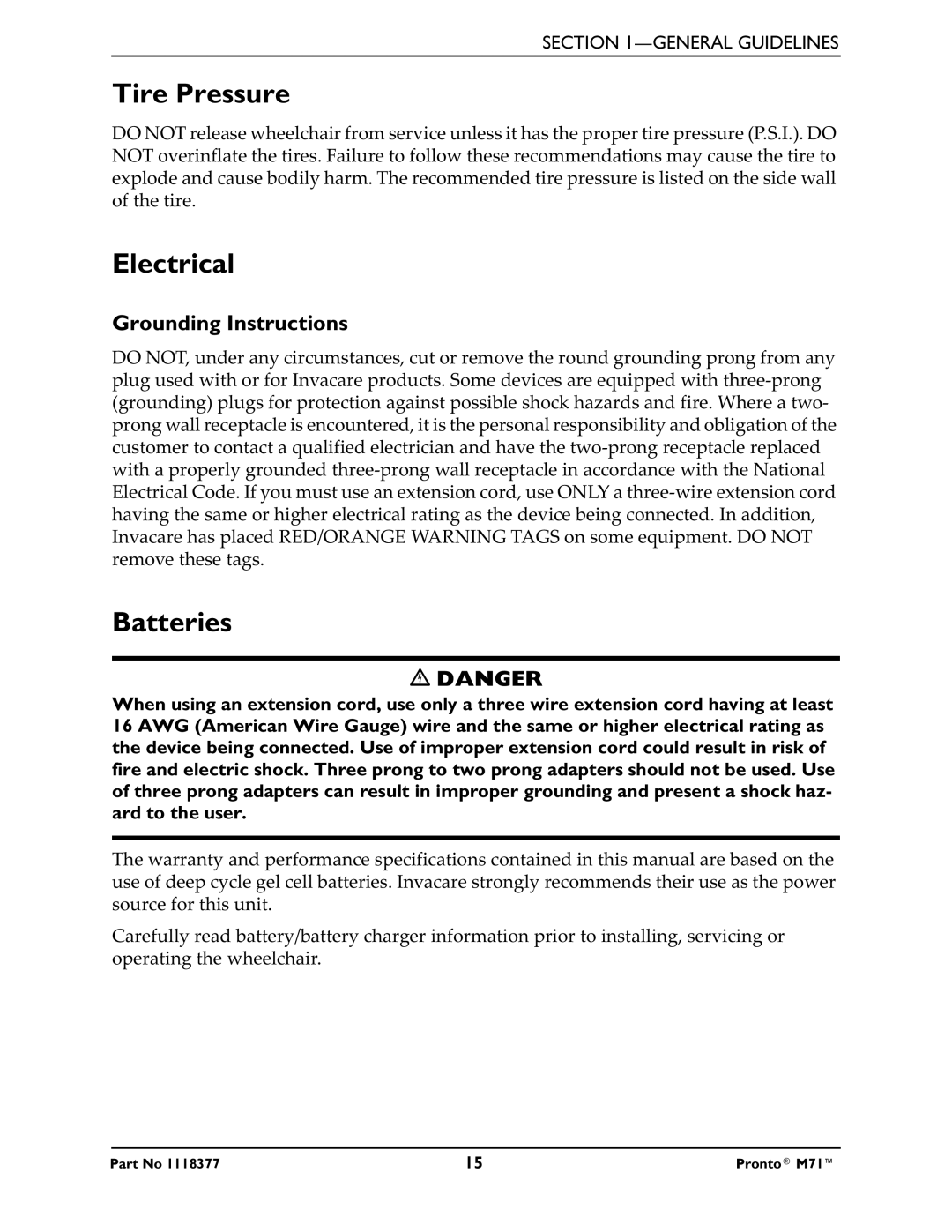 Invacare M71 service manual Tire Pressure, Electrical, Batteries, Grounding Instructions 