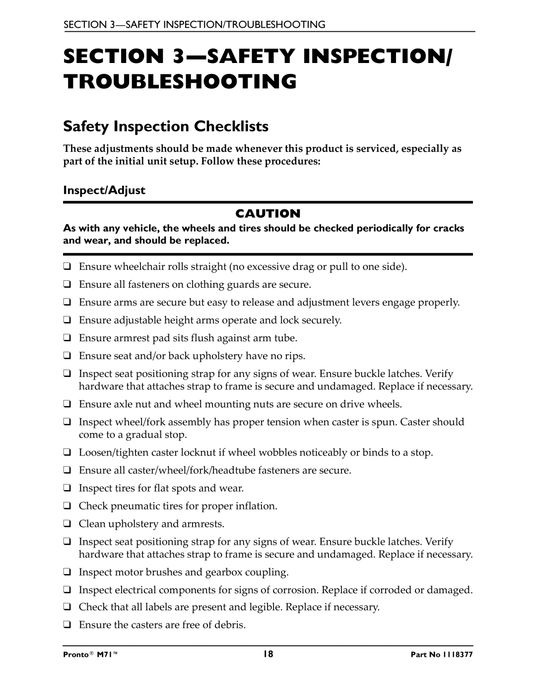 Invacare M71 service manual Safety INSPECTION/ Troubleshooting, Safety Inspection Checklists, Inspect/Adjust 