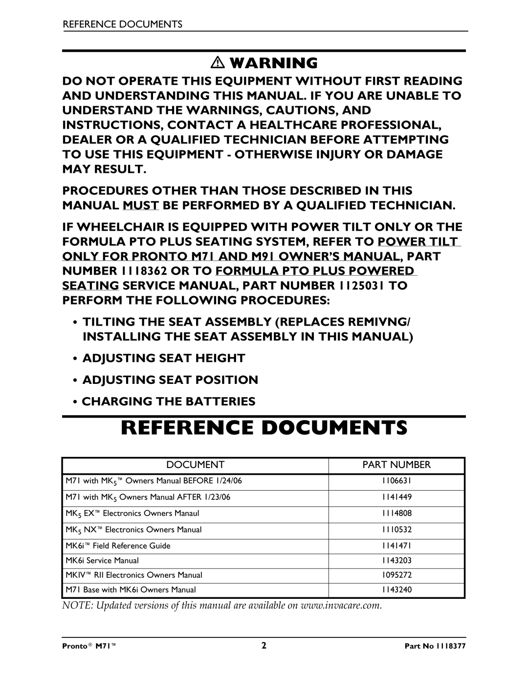 Invacare M71 service manual Reference Documents, Document Part Number 