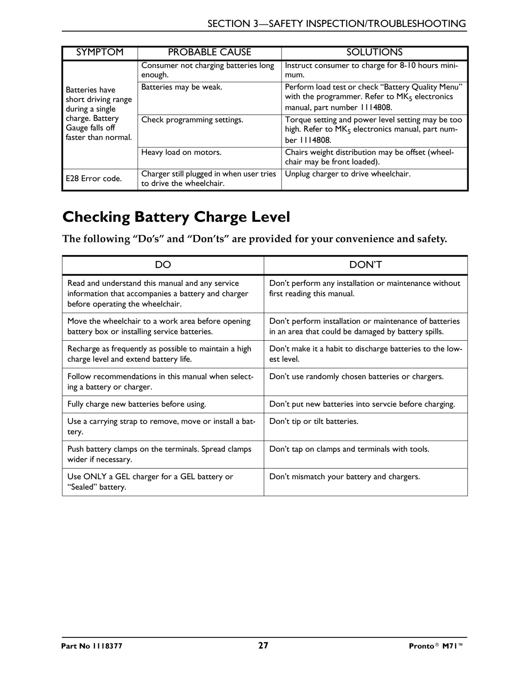 Invacare M71 service manual Checking Battery Charge Level, Don’T 