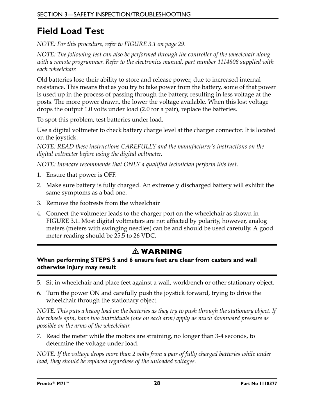 Invacare M71 service manual Field Load Test 