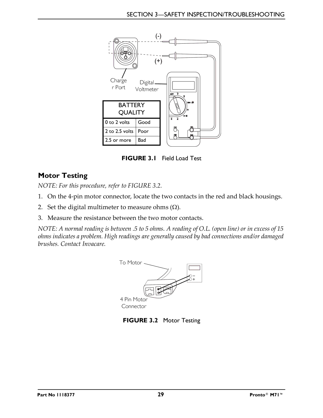 Invacare M71 service manual Motor Testing, Battery Quality 