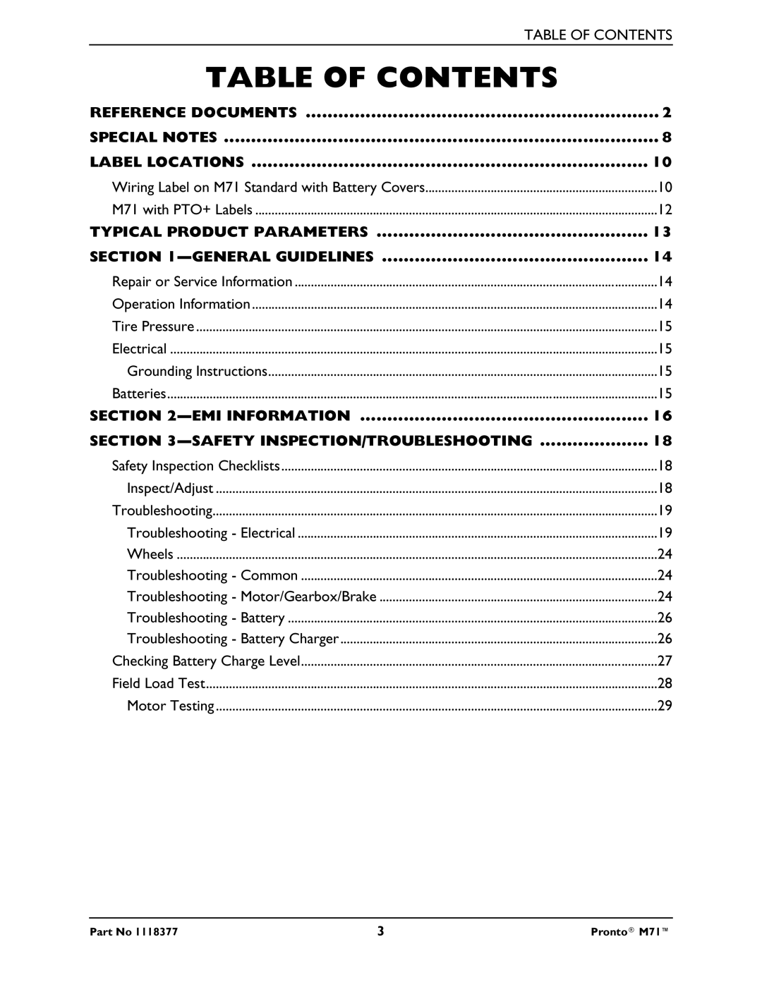 Invacare M71 service manual Table of Contents 