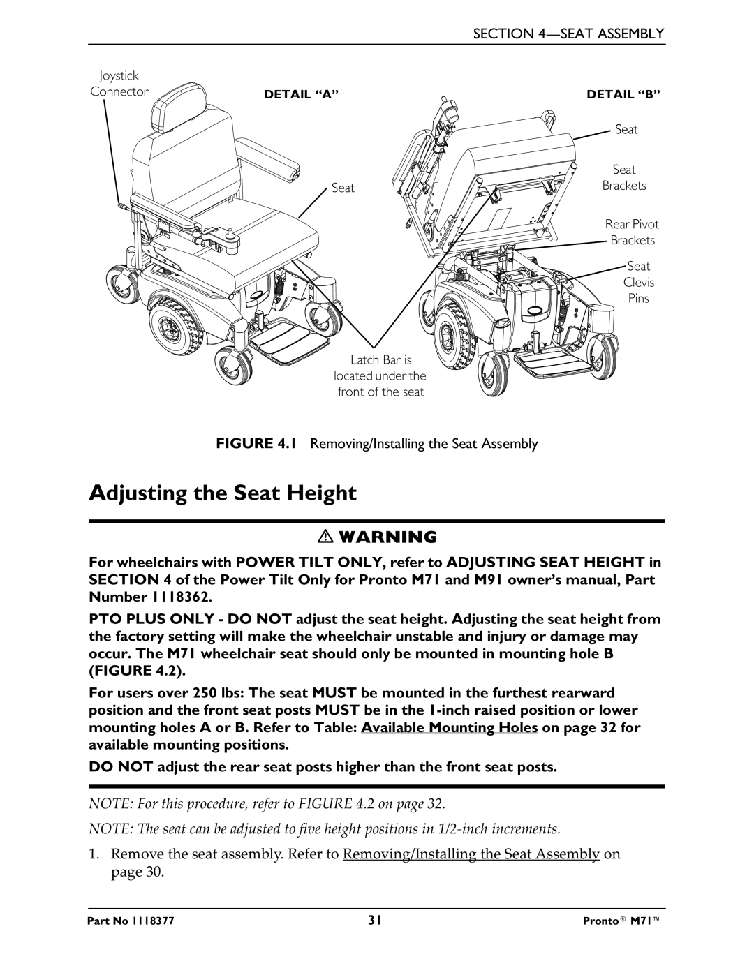 Invacare M71 service manual Adjusting the Seat Height, Removing/Installing the Seat Assembly 