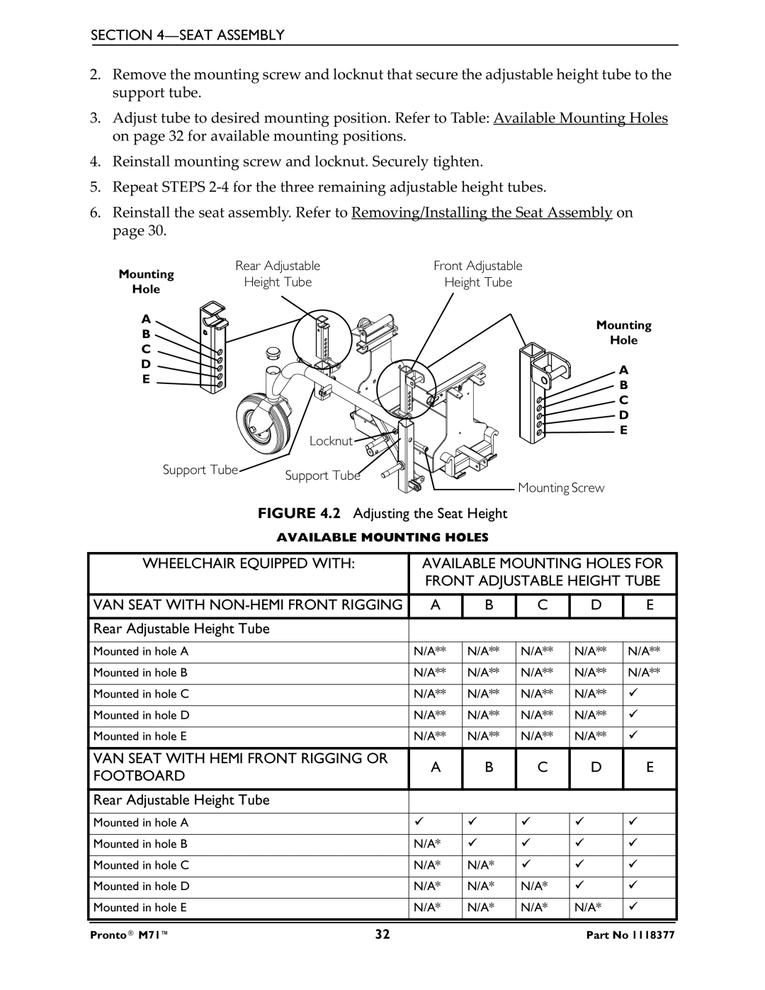 Invacare M71 service manual Wheelchair Equipped with Available Mounting Holes for, VAN Seat with NON-HEMI Front Rigging 