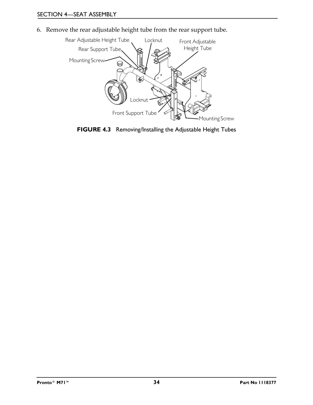 Invacare M71 service manual Removing/Installing the Adjustable Height Tubes 