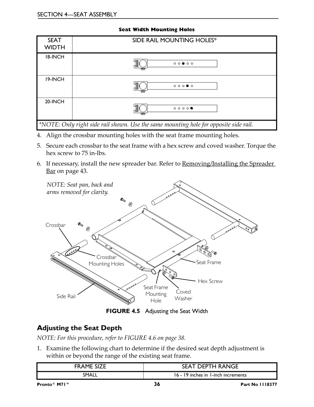 Invacare M71 service manual Adjusting the Seat Depth, Frame Size Seat Depth Range 