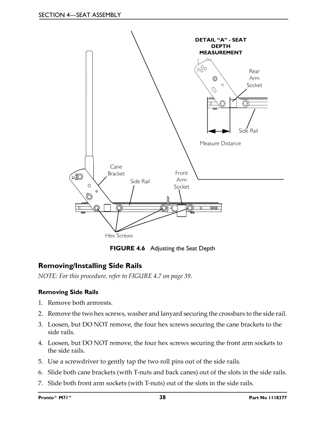 Invacare M71 service manual Removing/Installing Side Rails, Adjusting the Seat Depth 