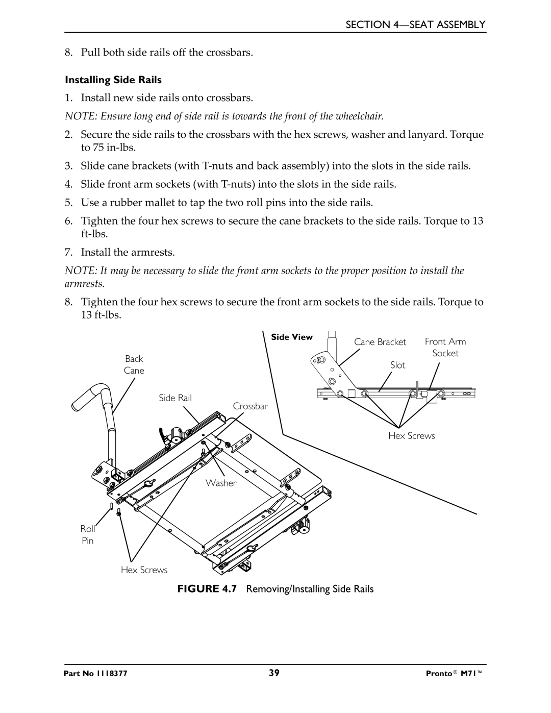 Invacare M71 service manual Removing/Installing Side Rails 