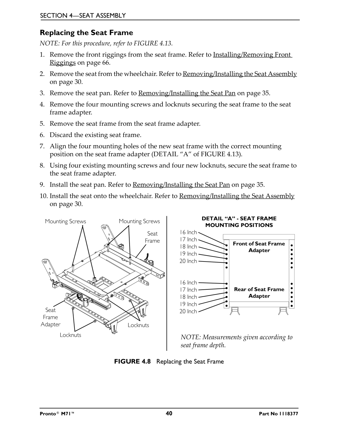 Invacare M71 service manual Replacing the Seat Frame 