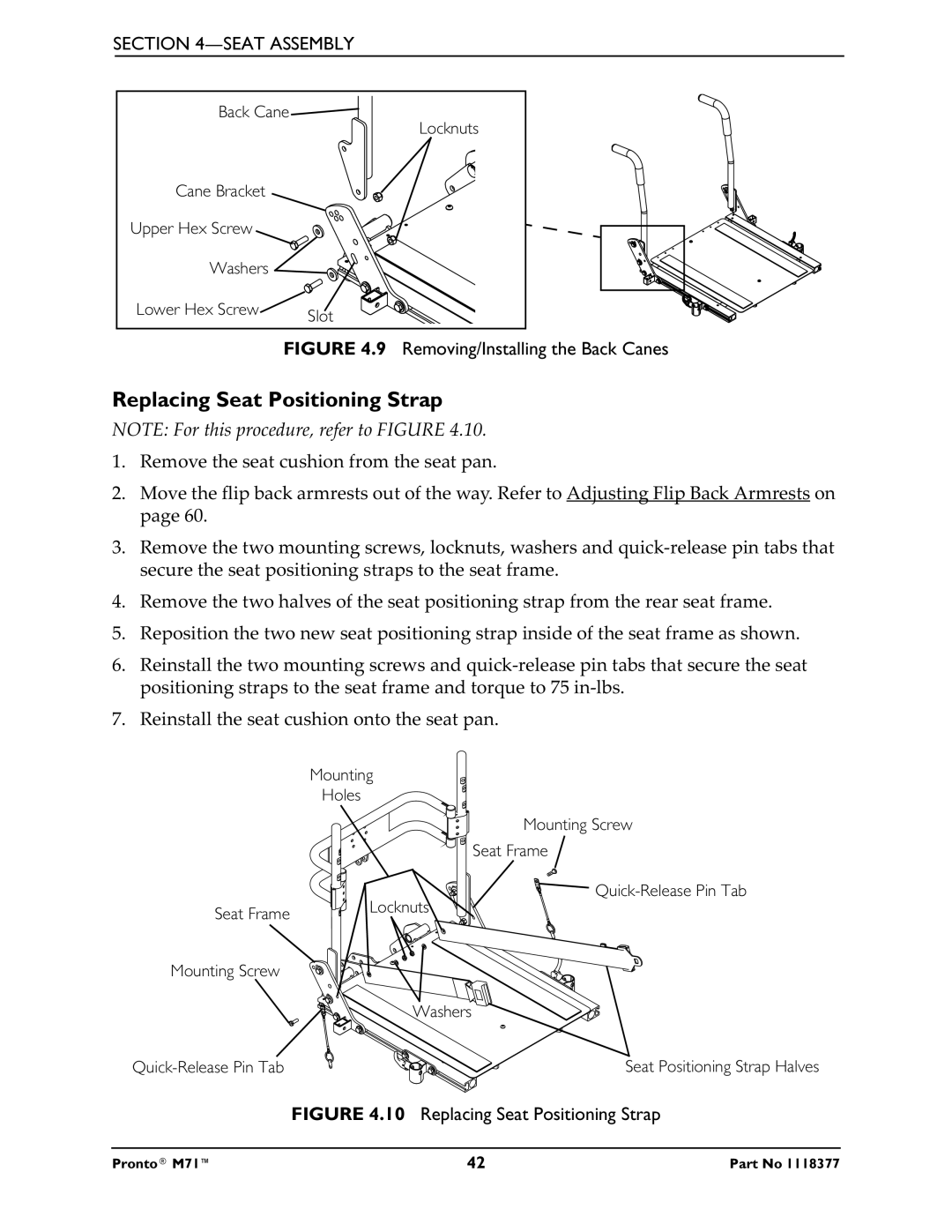 Invacare M71 service manual Replacing Seat Positioning Strap, Removing/Installing the Back Canes 