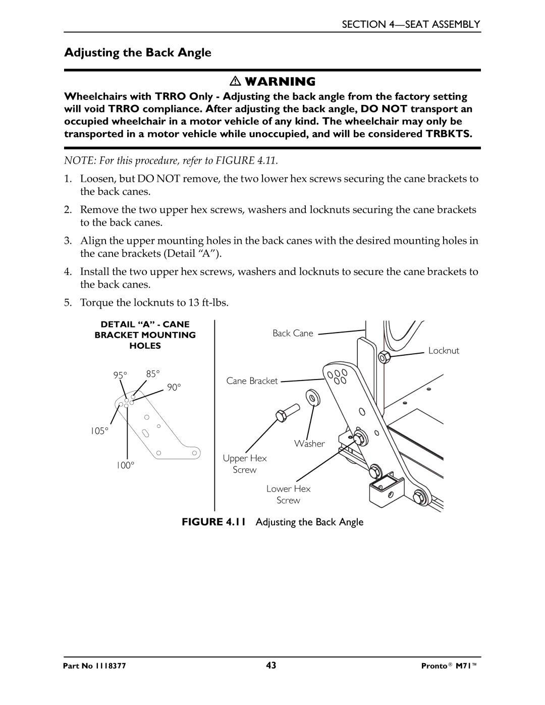 Invacare M71 service manual Adjusting the Back Angle 