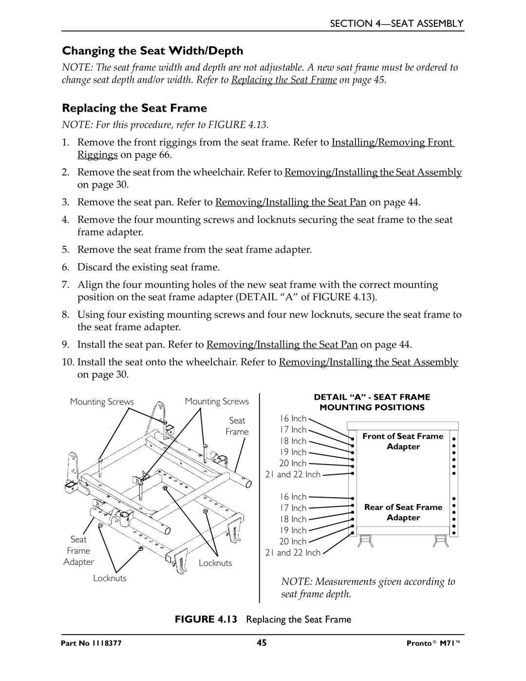 Invacare M71 service manual Changing the Seat Width/Depth Replacing the Seat Frame 