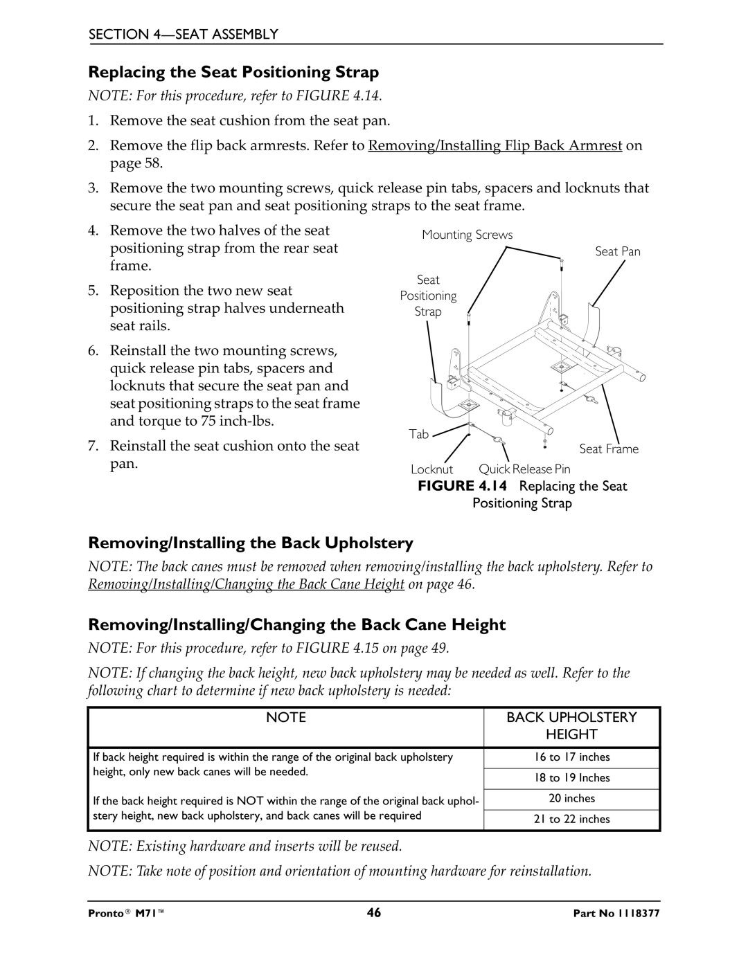 Invacare M71 service manual Replacing the Seat Positioning Strap, Back Upholstery 