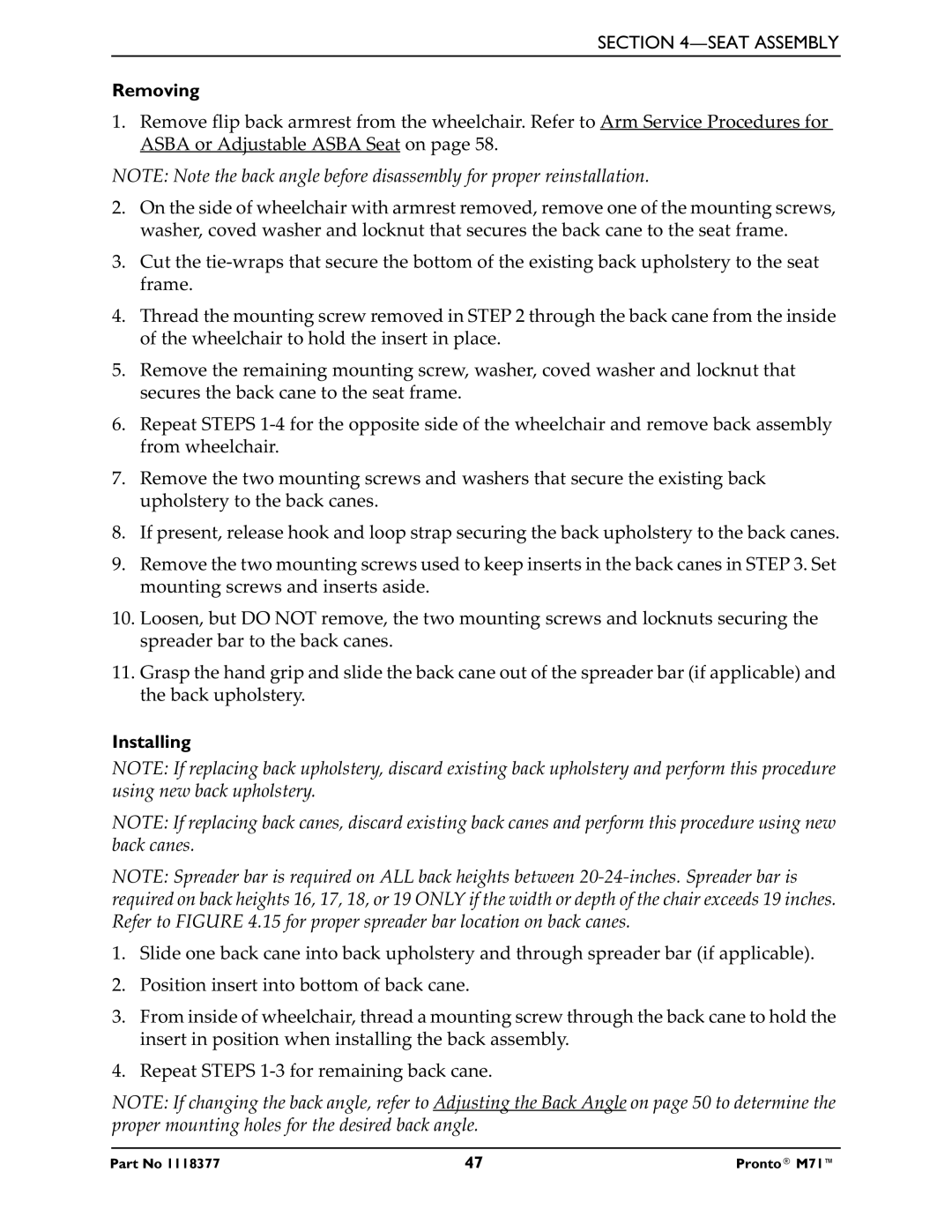 Invacare M71 service manual Seat Assembly 