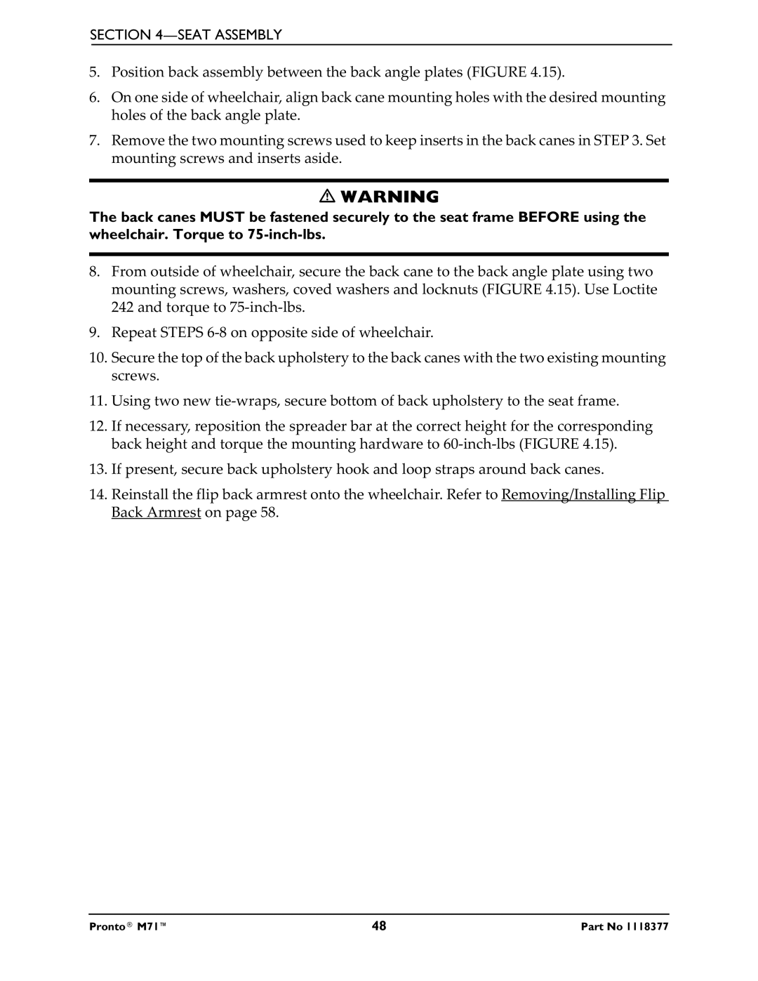 Invacare M71 service manual Seat Assembly 