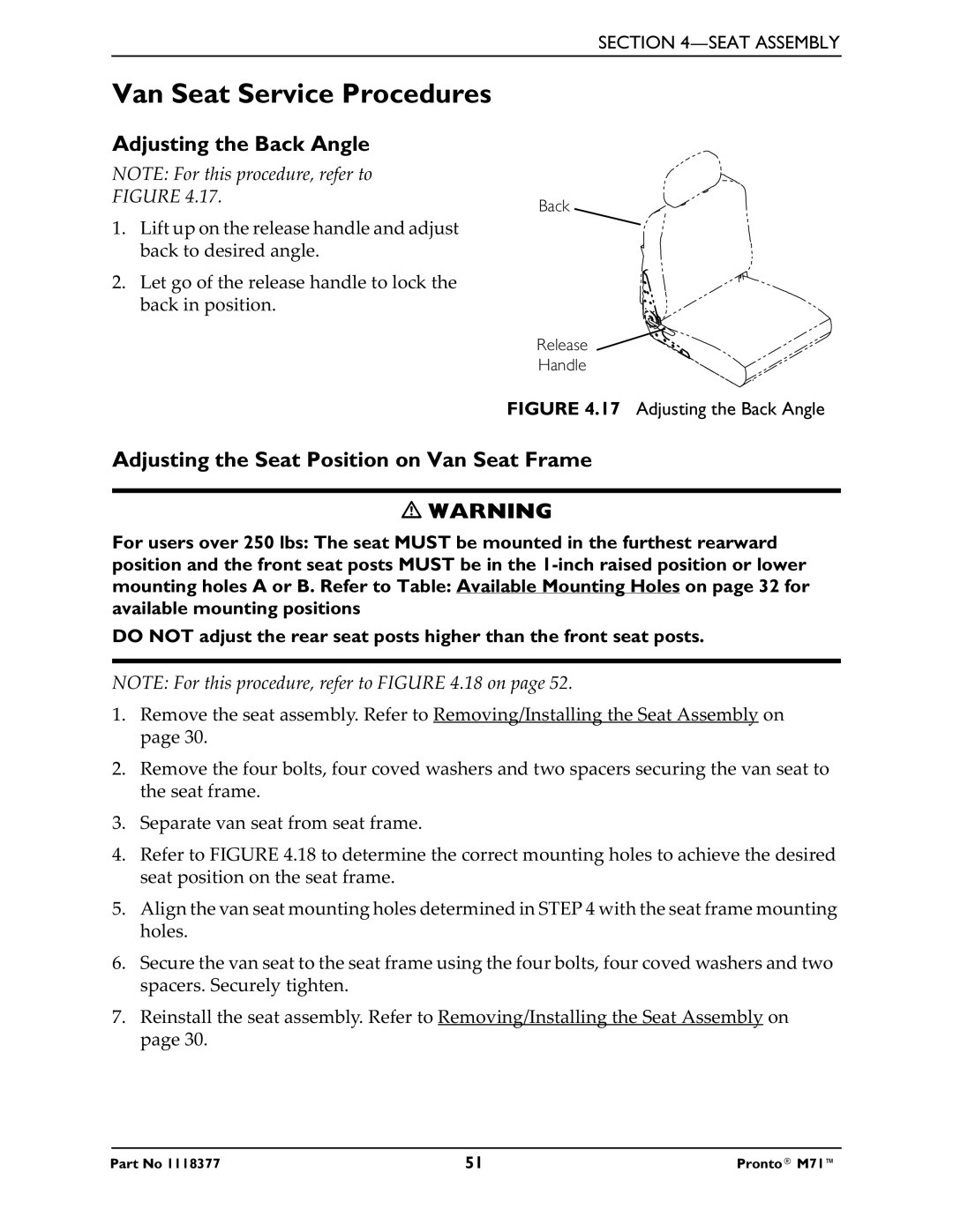 Invacare M71 service manual Van Seat Service Procedures, Adjusting the Seat Position on Van Seat Frame 